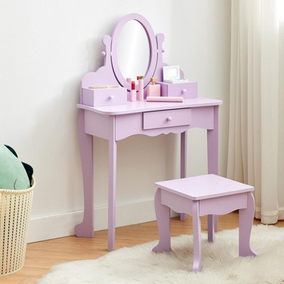 Girls' Vanity Set with Mirror, Makeup Table and Stool for Kids, Wood Dressup Playset for 4-9