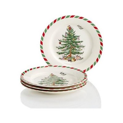 Spode Christmas Tree 8" Candy Cane Appetizer Plates (Set of 4) - Festive Holiday Tableware, Dishwasher & Microwave Safe