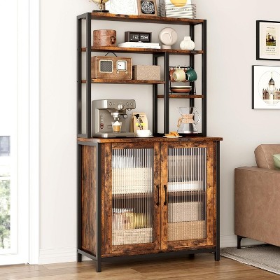 Nasitip Brown 64.5" Baker's Rack with Cabinet, Freestanding Microwave Stand with Shelves, Tall Kitchen juice Bar Storage with Adjustable Feet