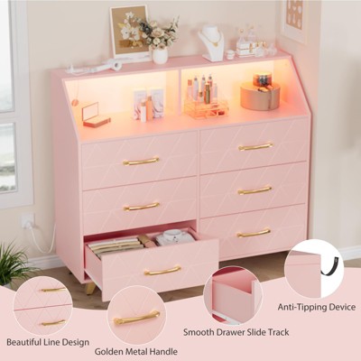 47''Chest of Drawers, Lighted 6 Drawer Dresser with Charging Station and Storage Shelf,