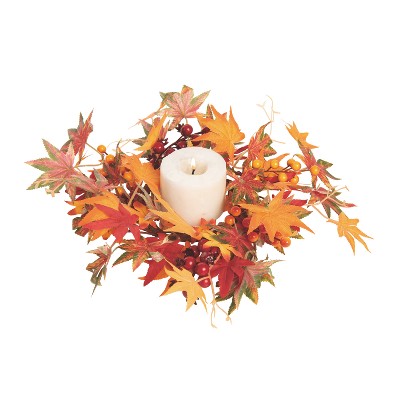 Transpac 13 Inch Orange Harvest Gathered Leaves Candle Ring Fall Wreath Perfect for Autumn Decor