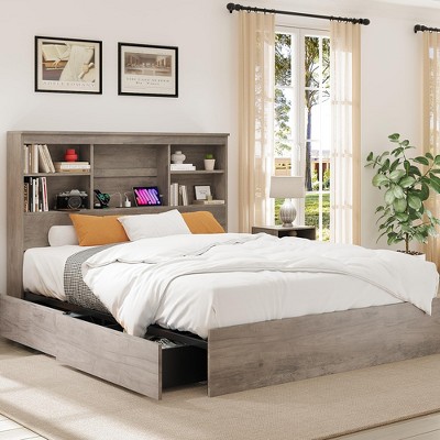 Farmhouse Full/Queen/King Bed Frame with 51" Storage Headboard, 4 Drawers & Charging Station, 1000Lbs Capacity, No Box Spring Needed, Noise-Free