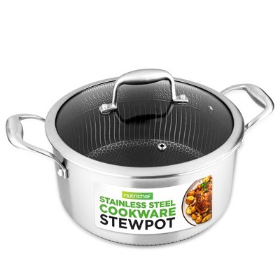 NutriChef NC3PCAS 5-Quart Nonstick Tri-Ply Stainless Steel Stew Pot with Glass Lid