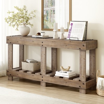 TIRAMISUBEST 62.9" Vintage Console Table - Solid Cedar Wood, Natural Grain, 6 Strong Legs & Thick Desktop, Metal Rivet Accents