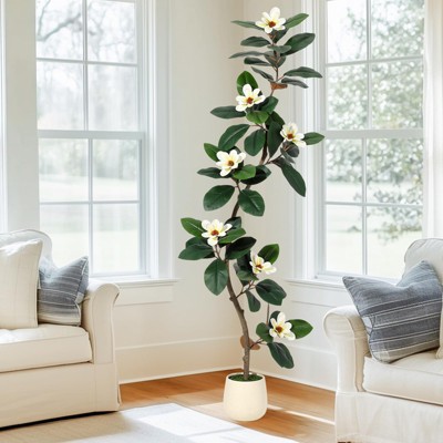 Rubber Tree 6FT Artificial Tree in White Planter Pot,Faux Plants Indoor Faux Floor Plant Artificial Plants with 7 Pcs Magnolia Flowers