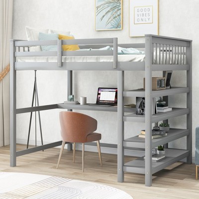 NicBex Full Size Bunk Bed with Desk Pinewood Rack Multifunctional Bed Frame with Storage Shelves, Guardrails and Ladder, No Spring Box Required