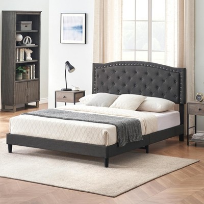 Full Size Bed Frame Upholstered Platform Bed with Adjustable Button Tufted & Nailhead Trim Headboard