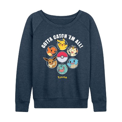 Women's - Pokémon - Group Gotta Catch Em All Lightweight French Terry Wide Neck Long Sleeve Graphic Shirt