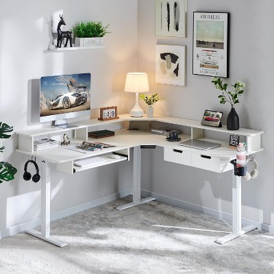 60" L-Shaped Corner Gaming Desk with 2 Drawers, Electric Standing Desk with Power Outlets & LED Lighting