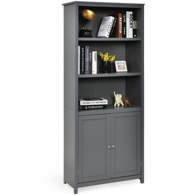 Costway Bookcase Shelving Storage Wooden Cabinet Unit Standing Bookcase W/Doors Gray/White