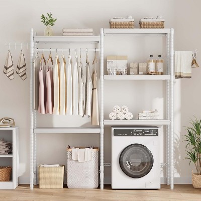 5-Tier Wood Over, The-Washer Dryer Storage Shelf 28" A+B, Adjustable Height Laundry Organizer with Double-Layer Wood Shelves, for Home