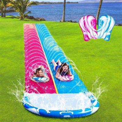 Joyfy 22.5ft Waves Double Lane Water Slides, Summer Backyard Lawn Water Slip and Slide with Build in Sprinkler&Inflatable Bodyboards