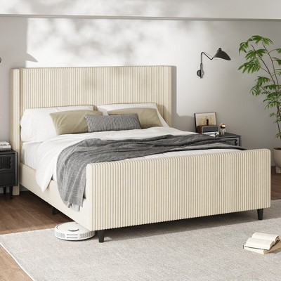 Merax Luxurious Corduroy Upholstered Bed Frame with Vertical Stripe Wingback Headboard