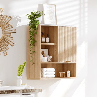 Fluted Medicine Cabinet, Bathroom Wall Mount Cabine Over Toilet Storage with Adjustable Shelf for Laundry Room Kitchen Living Room, Natural Oak