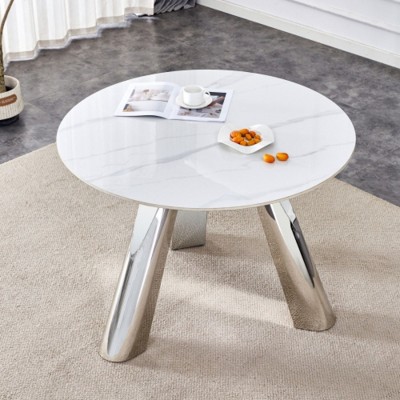 42-Inch Round Marble Top Table with Stainless Steel Legs for 4-6 People