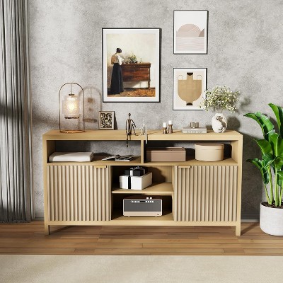 59" Modern TV Stand for Living Room, Large Entertainment Center with Fluted Door & Open Shelves, Wood Media Console Storage Cabinet for 65 Inch TV