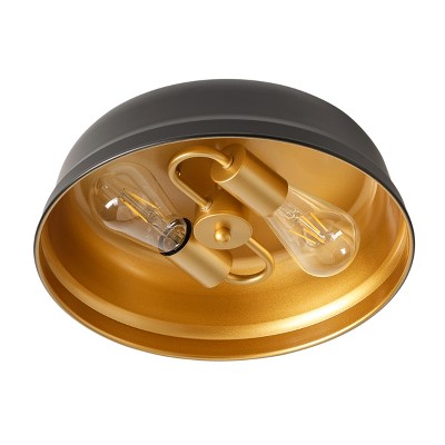 Dewdrop 2-Light Flush Mount Ceiling Light Fixture, Matte Black Drum with Gold Interior, Industrial Lighting Design