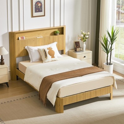 NicBex Queen/Full Wooden Platform Bed Frame with Storage Headboard & Charging Station,Modern Curved Lines Design Master Bedroom Bed