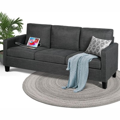 72“ 3-Seater Sofa with USB Ports, Mid-Century Modern Gray Couch for Living Room, Bedroom, Apartment – Comfy & Space-Saving Design