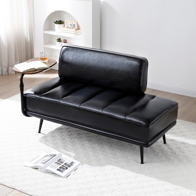 MOEPISY 55Inch Width Modern End of Bed Bench, Black Faux Leather Upholstered With Side Table, 360-degree Swivel Tray Couch