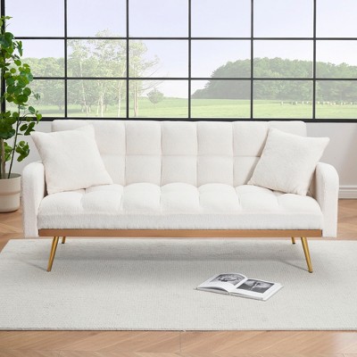 69" Convertible Sofa Bed Couch, Adjustable Teddy Fabric Sofa with Removable Armrests, Solid Wood Frame, Small Space Living Room