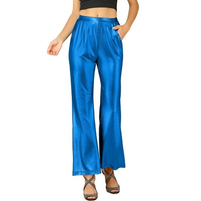 INSPIRE CHIC Women's Metallic Party Shiny Sparkle Wide Leg Flare Palazzo Pants