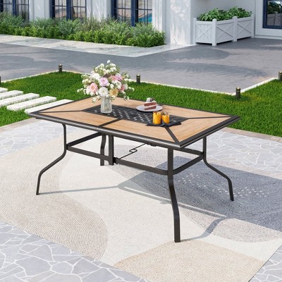 Captiva Designs 1Pc Outdoor Wood-look Rectangle Steel Frame Dining Table with Umbrella Hole