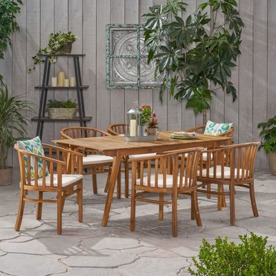 CAVINAS Patio Dining Set for 6, Acacia Epatio Table Sets Vintage Patio Furniture Set with Table with 6 Chairs, Teak
