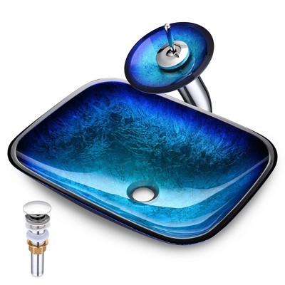 Aquaterior Tempered Glass Sink Transitional Style Basin Waterfall Faucet Kit