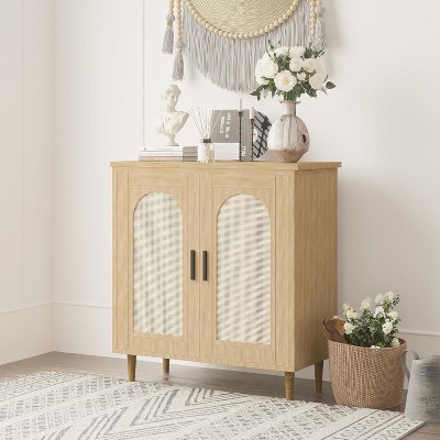 Rattan Buffet Cabinet with Storage, Boho Sideboard Cabinet Featuring 2 Doors and Adjustable Shelves, Wooden Cupboard for Kitchen