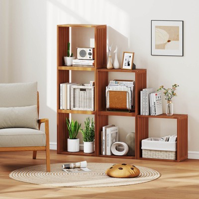 Costway 1/2 PCS 3 Cube Storage Organizers Stackable Bookcase Shelves for Small Spaces Teak