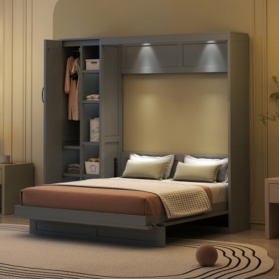TIRAMISUBEST Full Size Murphy Bed Wall Bed with Shelves & Wardrobe, Folding Bed Frame with LED Lights