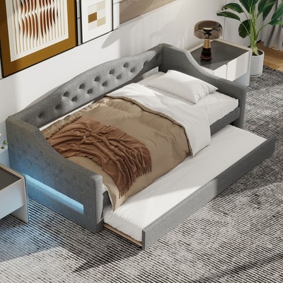KTMBDW Upholstered Daybed with LED Lights and Trundle, Twin/Full Sofa Bed Frame with Wood Slat Support for Living Room, Bedroom and Guest Room