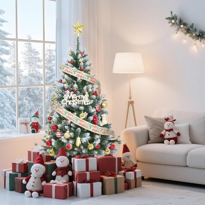 Artificial Holiday Christmas Tree with Medium Round Pinecone Decoration, Pre-Lit Decorated Tree with Metal Base for Home, Office, Party Decor