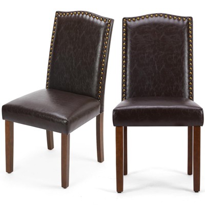 IULULU 2-Piece Modern Leather Dining Chairs with Nailhead Trim & Wood Legs, Mid-Century Style