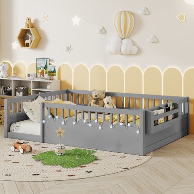 APRILSOUL78.50"Full Montessori Floor Bed Frame with High Rails, Wood Kids Floor Beds with Light and Storage Shelf