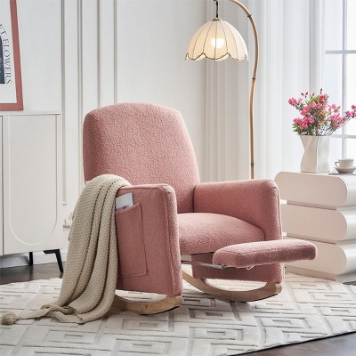 Modern Wooden Rocking Lounge Chairs,Teddy Fabric Rocking Chair With Pockets,Comfy Accent Arm Chair With Solid Wood Legs,Leisure Chairs-Cuddlewood