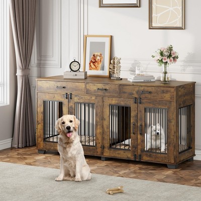 Dog Crate Furniture, Double Dog Kennel - 71'' XXL Indoor Wooden Crate with 3 Drawers, Divider, TV Stand for 2 Large/Medium Dogs (Rustic Brown)