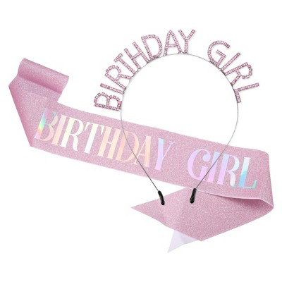 Unique Bargains Birthday Sash Headband Silver Tone Pink