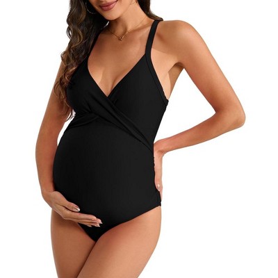 Womens Maternity Swimsuits Wrap Front Sling Swimwear One Piece Adjustable Crossback Swimsuits Stretchy Summer Beach Outfits