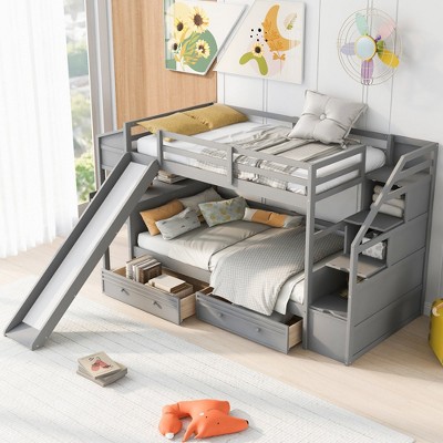 Twin Over Twin Bunk Bed with Slide, Storage Drawers, Desk with Shelves, and Staircase for Kids, White Wood Frame