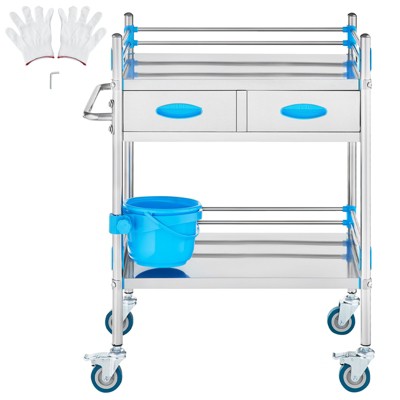 VEVOR Service Cart, 2 Layers Stainless Steel Utility Rolling Cart, Medical Cart with Two Drawers, Dental Utility Cart with Lockable Wheels