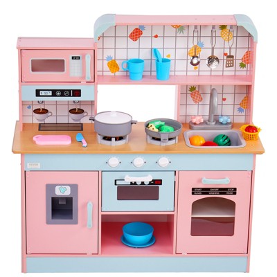VEVOR Play Kitchen for Kids, Wooden Toy Kitchen Set with Lights and Sounds, Toddler Kitchen with Ice Maker,Oven, Sink, Microwaves, Fridge Accessory
