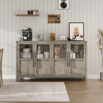 55" Farmhouse Sideboard with Glass Doors - Large Buffet Cabinet for Dining Room, Coffee Bar Storage for Living Room