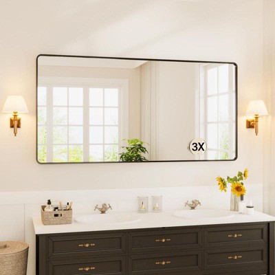 Black Black Metal Framed Bathroom Mirror for Over Sink 60  36" Vanity Rounded Rectangle Wall Mirror Wall Mounted Home Decor (Hangs Horizontally or Ve