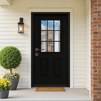 PexFix Fiberglass Entry Door 6-9/16 Vinyl Frame 9 Lite Frosted Glass Front Door Front Entrance Right Hand Inswing Black Wooden Grain Door