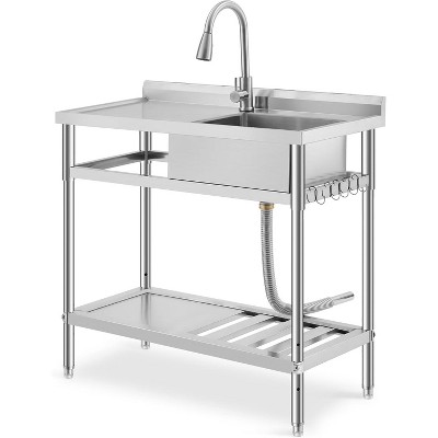Freestanding Stainless Steel Utility Sink with Workbench, Commercial Prep Sink Station with Hot & Cold Faucet