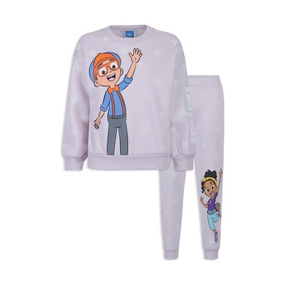 Blippi and Meekah Girls 2 Piece Sweatshirt and Pant Sets for Toddlers and Little Kids – Purple