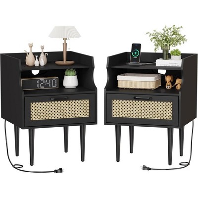 Rattan Nightstand Set of 2, Side Table with Charging Station, Drawer and 2 Open Storage Shelves for Bedroom, Dorm and Small Spaces