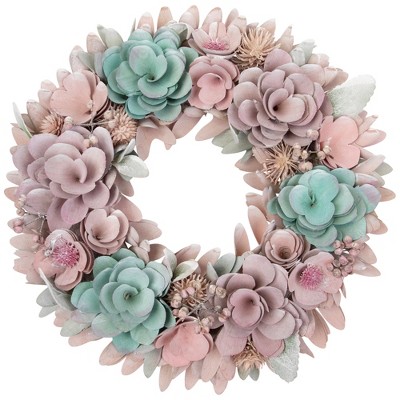 Northlight Wooden Floral Artificial Spring Wreath with Thistles  - 13.5" - Pink and Blue